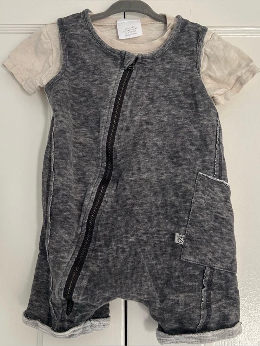 Kidding Around Charcoal Gray Zippered Baby Romper with Cream Tee Cotton 18 Mos
